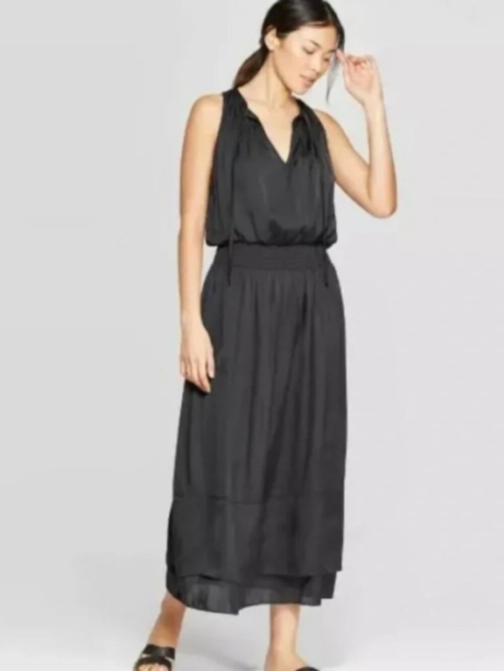 Prologue Black V Tie Neck Midi Maxi Sleeveless Elastic Waist Dress NWOT XL